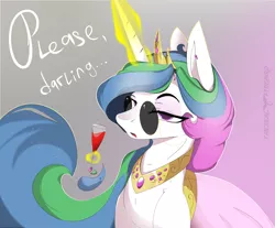 Size: 2123x1754 | Tagged: safe, artist:therealf1rebird, derpibooru import, princess celestia, alicorn, pony, alcohol, alternate hairstyle, clothes, darling, dress, female, glasses, horn, looking at you, magic, mare, solo, sunglasses, telekinesis, wine