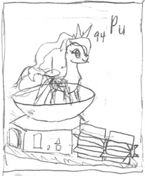 Size: 560x678 | Tagged: safe, artist:parclytaxel, derpibooru import, princess luna, alicorn, pony, series:joycall6's periodic table, series:nightliner, chemistry, female, mare, monochrome, new horizons, pencil drawing, periodic table, plutonium, sketch, solo, traditional art, wip