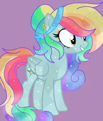 Size: 1800x2100 | Tagged: safe, artist:circuspaparazzi5678, derpibooru import, oc, oc:rainbow blitz, crystal pony, pegasus, pony, base used, crystal, curly mane, different hairstyle, ear piercing, earring, jewelry, magical lesbian spawn, main oc, multicolored hair, offspring, parent:fluttershy, parent:rainbow dash, parents:flutterdash, piercing, rainbow hair, rainbow makeup, shiny, solo