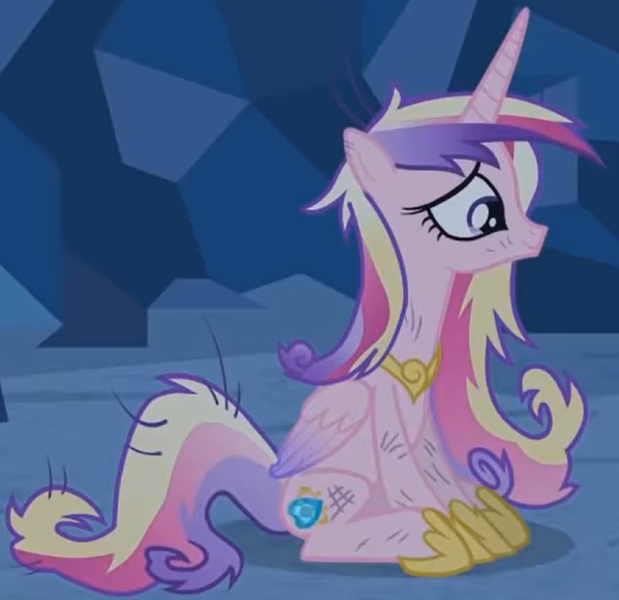 Size: 1196x1159 | Tagged: safe, derpibooru import, screencap, princess cadance, alicorn, pony, a canterlot wedding, cave, cropped, crystal caverns, cute, cutedance, dirty, female, messy mane, sitting, smiling, solo