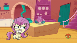 Size: 800x450 | Tagged: safe, derpibooru import, screencap, fluttershy, pegasus, pony, my little pony: pony life, spoiler:pony life s01e20, spoiler:pony life s01e34, animated, behaving like pinkie pie, deflation, female, gif, inflation, mare, the 5 habits of highly effective ponies, tongue out, treehouse logo, you tried