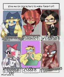 Size: 1715x2048 | Tagged: safe, artist:lunarose.exe, derpibooru import, pinkie pie, earth pony, human, pony, fanfic:cupcakes, six fanarts, alastor, baseball bat, blood, bow, bust, crossover, female, glasses, hair bow, hair over one eye, hazbin hotel, hoof hold, knife, male, mare, mogeko castle, pinkamena diane pie, smiling, star butterfly, star vs the forces of evil, vaggie, we happy few