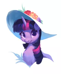 Size: 1256x1535 | Tagged: safe, artist:luciferamon, derpibooru import, twilight sparkle, pony, unicorn, bust, chest fluff, colored pupils, cute, female, flower, hat, horn, looking at you, mare, portrait, simple background, smiling, smiling at you, solo, sun hat, twiabetes, white background