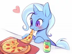 Size: 2048x1534 | Tagged: safe, artist:pirateyoukai, derpibooru import, trixie, pony, unicorn, :t, apple juice, blushing, can, cute, diatrixes, eating, female, food, heart, juice, mare, meat, nom, peetzer, pepperoni, pepperoni pizza, pizza, ponies eating meat, puffy cheeks, simple background, solo, white background