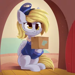 Size: 1200x1200 | Tagged: safe, artist:anti1mozg, derpibooru import, derpy hooves, pegasus, pony, my little pony: pony life, unboxing day, spoiler:pony life s01e18, spoiler:pony life s01e30, box, cardboard box, cute, derpabetes, female, g4.5 to g4, hat, mailmare, mailmare hat, mare, scene interpretation, smiling, solo, sweet dreams fuel