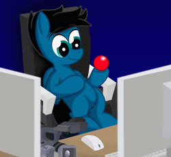 Size: 1800x1650 | Tagged: safe, artist:agkandphotomaker2000, derpibooru import, oc, oc:pony video maker, pegasus, pony, animated, animation loop, ball, camera, catching, chair, computer, desktop, distraction, gif, keyboard, monitor, relaxing, throwing