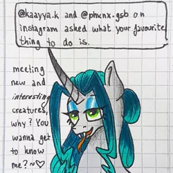 Size: 1080x1080 | Tagged: safe, artist:galaxy.in.mind, derpibooru import, oc, oc:crystal dawn, unofficial characters only, changepony, hybrid, pony, unicorn, ask, bedroom eyes, bust, female, forked tongue, graph paper, horn, magical lesbian spawn, makeup, mare, offspring, parent:princess celestia, parent:queen chrysalis, parents:chryslestia, solo, tongue out, traditional art, unicorn oc