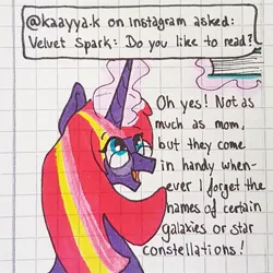 Size: 1080x1080 | Tagged: safe, artist:galaxy.in.mind, derpibooru import, oc, oc:velvet spark, unofficial characters only, pony, ask, book, bust, female, glasses, glowing horn, graph paper, horn, magic, magical lesbian spawn, mare, offspring, parent:tempest shadow, parent:twilight sparkle, parents:tempestlight, solo, telekinesis, traditional art