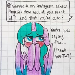 Size: 1080x1080 | Tagged: safe, artist:galaxy.in.mind, derpibooru import, oc, oc:angela, unofficial characters only, alicorn, pony, alicorn oc, ask, blushing, bust, female, graph paper, horn, mare, solo, traditional art, two toned wings, wings