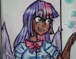 Size: 1080x836 | Tagged: safe, alternate version, artist:puqui738, derpibooru import, twilight sparkle, human, bust, clothes, dark skin, female, grin, humanized, smiling, solo, traditional art, winged humanization, wings