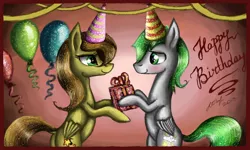 Size: 854x512 | Tagged: safe, derpibooru import, oc, oc:dreamer skies, pegasus, abstract background, balloon, birthday, blushing, celebration, detailed, looking at each other, pegasus oc, present, presenting, signature, smiley face, sparkles, standing, standing on one leg, unknown pony, wings