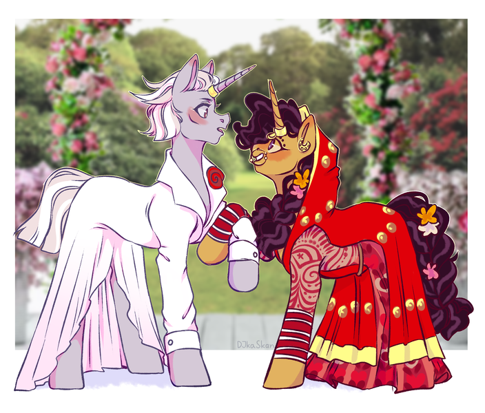 Size: 2930x2497 | Tagged: safe, artist:djkaskan, derpibooru import, saffron masala, zesty gourmand, pony, unicorn, blushing, clothes, dress, ear piercing, earring, female, flower, grin, holding hooves, horn, horn ring, jewelry, lesbian, mare, marriage, nose piercing, piercing, raised hoof, ring, rose, shipping, smiling, suit, wedding, wedding dress, wedding ring, zesty masala