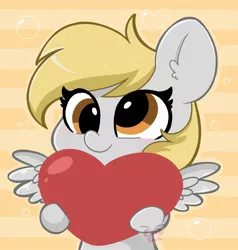 Size: 1900x2000 | Tagged: safe, artist:kittyrosie, derpibooru import, derpy hooves, pegasus, pony, abstract background, bipedal, blushing, cute, derp, derpabetes, female, heart, mare, signature, simple background, smiling, spread wings, wings