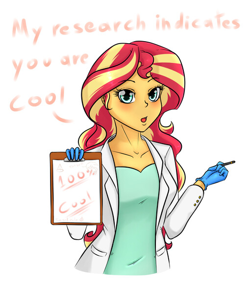 Size: 1100x1300 | Tagged: safe, artist:albertbm, derpibooru import, sunset shimmer, equestria girls, clipboard, clothes, dialogue, female, gloves, image, jpeg, lab coat, looking at you, pen, research, rubber gloves, science, simple background, solo, sunset the science gal, talking to viewer, white background