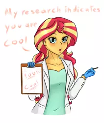 Size: 1100x1300 | Tagged: safe, artist:albertbm, derpibooru import, sunset shimmer, equestria girls, clipboard, clothes, dialogue, female, gloves, image, jpeg, lab coat, looking at you, pen, research, rubber gloves, science, simple background, solo, sunset the science gal, talking to viewer, white background