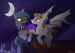 Size: 2000x1401 | Tagged: safe, artist:andaluce, derpibooru import, oc, oc:devin, oc:gotha, unofficial characters only, bat pony, cute, female, flower, flying, looking at each other, male, moon, night, oc x oc, rooftop, scenery, shipping, smiling, spread wings, straight, wings