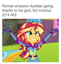 Size: 836x885 | Tagged: safe, derpibooru import, edit, edited screencap, screencap, princess celestia, sunset shimmer, equestria girls, friendship games, arms in the air, aurelian, fake history, female, meme, praise the sun, roman, roman empire, rome, smiling, sol invictus, solo, sunedge shimmer, sunshine shimmer