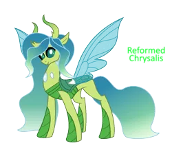 Size: 1149x1015 | Tagged: safe, artist:hate-love12, derpibooru import, queen chrysalis, changedling, changeling, changeling queen, pony, changedling queen, changedlingified, cute, cutealis, female, mare, purified chrysalis, simple background, smiling at you, solo, species swap, standing, text, transparent background