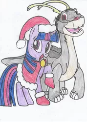 Size: 909x1280 | Tagged: safe, artist:cybertronianbrony, derpibooru import, twilight sparkle, dinosaur, pony, reptile, unicorn, apatosaurus, christmas, crossover, cute, don bluth, duo, duo male and female, female, holiday, littlefoot, male, mare, simple background, the land before time, traditional art, twiabetes, unicorn twilight, white background