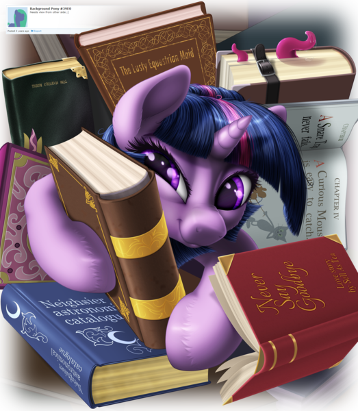 Size: 2700x3100 | Tagged: safe, artist:awalex, derpibooru import, twilight sparkle, pony, adorkable, book, cute, dork, female, harry potter, harry potter and the chamber of secrets, high res, mare, smiling, solo, tentacles, that pony sure does love books, the elder scrolls, the lusty argonian maid, tom and jerry, twiabetes