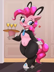Size: 2396x3211 | Tagged: suggestive, artist:pabbley, derpibooru import, pinkie pie, earth pony, pony, adorasexy, belly button, bipedal, blushing, bunny ears, bunny suit, casino, cider, clothes, cuffs (clothes), cute, diapinkes, female, happy, image, looking down, mare, necktie, pantyhose, playboy bunny pinkie pie, png, reverse bunny suit, sexy, smiling, solo, solo female, standing, tray, wide hips