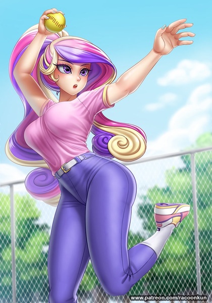 Size: 716x1024 | Tagged: alternate version, anime, artist:racoonsan, ball, beautiful, beautisexy, belt, blushing, breasts, busty princess cadance, clothes, cute, cutedance, derpibooru import, edit, editor:thomasfan45, female, fence, hand, human, humanized, jeans, nail polish, open mouth, outdoors, pants, princess cadance, safe, sexy, shirt, shoes, sneakers, socks, softball, solo, tree, t-shirt
