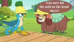 Size: 1280x720 | Tagged: safe, derpibooru import, edit, edited screencap, screencap, gallus, yona, gryphon, yak, non-compete clause, apple, apple tree, boards, bow, caption, cloven hooves, cute, duo, female, food, hair bow, hard hat, image macro, male, monkey swings, nail, pun, reaction image, speech, sweet apple acres, talking, text, tree, yonadorable