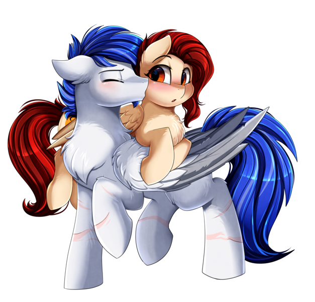 Size: 2978x2850 | Tagged: safe, artist:pridark, derpibooru import, oc, unofficial characters only, pegasus, pony, blushing, colored wings, commission, cute, daaaaaaaaaaaw, duo, eyes closed, multicolored wings, open mouth, raised hoof, simple background, smooch, transparent background, wings