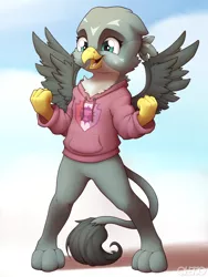 Size: 3000x4000 | Tagged: safe, artist:ohemo, derpibooru import, gabby, gryphon, semi-anthro, bipedal, chest fluff, clenched fist, clothes, cute, female, gabbybetes, hoodie, smiling, solo, spread wings, wings