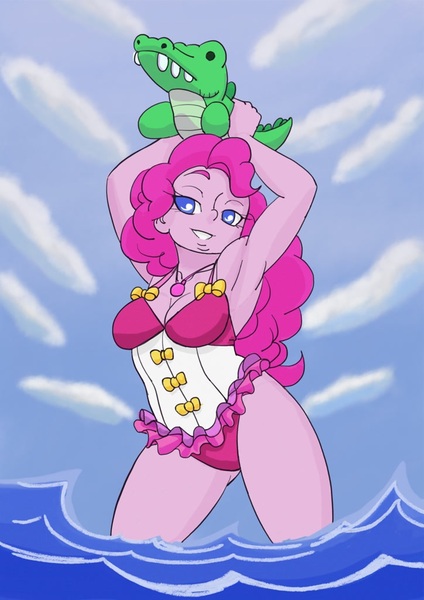 Size: 724x1024 | Tagged: safe, alternate version, artist:brother-tico, derpibooru import, edit, editor:thomasfan45, gummy, pinkie pie, human, equestria girls, equestria girls series, forgotten friendship, armpits, bedroom eyes, breasts, cleavage, clothes, cute, diapinkes, female, geode of sugar bombs, legs, lidded eyes, looking at you, magical geodes, ocean, one-piece swimsuit, sexy, sky, smiling, solo, swimsuit, toy, tricolor swimsuit, water