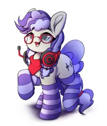 Size: 1727x2048 | Tagged: safe, artist:hitbass, derpibooru import, oc, oc:cinnabyte, unofficial characters only, adorkable, bandana, clothes, commission, cute, dork, gaming headset, glasses, headphones, headset, smiling, socks, striped socks