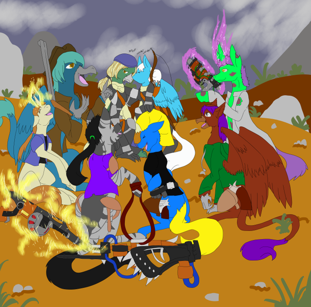 Size: 715x706 | Tagged: safe, artist:florarena-kitasatina/dragonborne fox, derpibooru import, oc, oc:alia windshear, oc:arcturus aquila, oc:cassius aquila, oc:dr. sprocket, oc:gale springbreeze, oc:glacierwing, oc:hakeev, oc:thunderstruck(wingman), unofficial characters only, earth pony, ghoul, gryphon, pegasus, pony, undead, unicorn, zebra, fallout equestria, armored environment suit, arrow, bandolier, body armor, bow (weapon), bow and arrow, character bio, clothes, combat shotgun, coming soon, commission, duster, female, grenades, gun, handgun, hat, holster, hoodie, lab coat, laughing, lever action rifle, magic, male, mare, pistol, plasma pistol, revolver, stallion, telekinesis, wasteland, weapon, zebra rifle