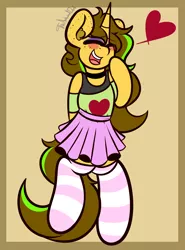 Size: 2400x3243 | Tagged: safe, artist:theawkwarddork, derpibooru import, oc, oc:awkward dork, unofficial characters only, pony, semi-anthro, unicorn, blushing, clothes, crossdressing, ear fluff, eyeshadow, femboy, freckles, heart, makeup, male, skirt, smiling, socks, solo, striped socks, thigh highs