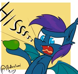 Size: 4000x3800 | Tagged: safe, artist:professionalpuppy, derpibooru import, oc, oc:stardust(cosmiceclipse), unofficial characters only, bat pony, pony, angry, food, hissing, male, mango, solo, stallion