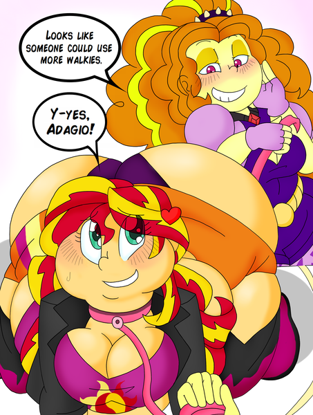 Size: 1498x1984 | Tagged: suggestive, artist:blackbewhite2k7, derpibooru import, adagio dazzle, sunset shimmer, equestria girls, a-domme-gio, bbw, bdsm, big breasts, breasts, bunset shimmer, butt, collar, dominatrix, fat, female, femdom, femsub, kink, leash, lesbian, pet play, shipping, slobset shimmer, submissive, subset, sunsagio