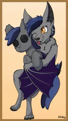 Size: 719x1280 | Tagged: safe, artist:zackwhitefang, derpibooru import, oc, oc:echo, unofficial characters only, bat, bat pony, fruit bat, pony, :p, bat pony oc, bat wings, commission, digital art, flying fox, furry, furry oc, hug, one eye closed, plushie, simple background, tongue out, wings