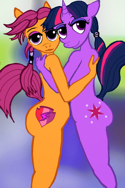 Size: 615x925 | Tagged: alternate hairstyle, anthro, artist:nastipone, derpibooru import, female, females only, lesbian, nudity, questionable, scootaloo, scootatwi, shipping, twilight sparkle