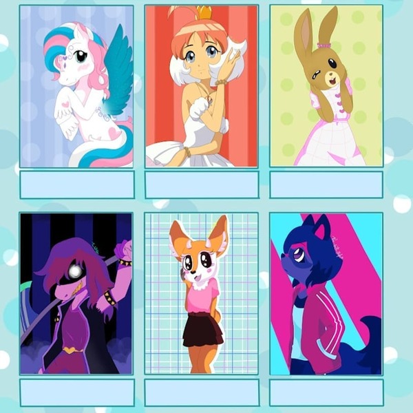 Size: 813x813 | Tagged: safe, artist:the_arts_perfume, derpibooru import, star catcher, anthro, gazelle, human, pegasus, pony, rabbit, six fanarts, aggretsuko, animal, anthro with ponies, bna: brand new animal, clothes, crossover, deltarune, female, g3, glowing eyes, haru (beastars), maple town, mare, michiru kagemori, patty rabbit, princess tutu, rearing, sanrio, signature, skirt, smiling, susie (deltarune), tsunoda, unshorn fetlocks