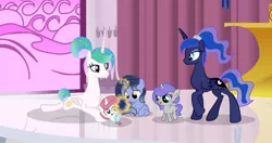 Size: 1280x675 | Tagged: safe, artist:stellamoonshine, derpibooru import, princess celestia, princess luna, oc, oc:luminous moon, oc:stella moonshine, oc:sunny sky, pony, unicorn, baby, baby pony, lying down, magic, missing accessory, offspring, parent:princess celestia, parent:princess luna, parent:royal guard, parent:stygian, parents:guardlestia, parents:styuna, ponytail, prone