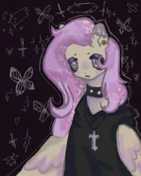 Size: 768x960 | Tagged: safe, artist:tzigari, derpibooru import, fluttershy, pegasus, pony, chalkboard, choker, clothes, cross, cross necklace, ear piercing, earring, female, fluttergoth, goth, hoodie, industrial barbell, industrial piercing, jewelry, necklace, piercing, solo, sparkly mane, spiked choker