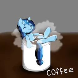 Size: 960x960 | Tagged: safe, artist:dark_nidus, derpibooru import, oc, oc:angela, pony, unicorn, choker, coffee, commission, cutie mark, eye scar, food, marshmallow, ornament, pony in a cup, scar, vapor, ych result