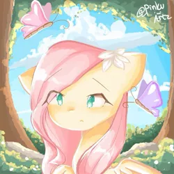 Size: 1017x1015 | Tagged: safe, artist:pinku._.artz, derpibooru import, fluttershy, butterfly, insect, pegasus, pony, bust, cloud, cute, female, flower, flower in hair, foliage, forest, portrait, shrub, shyabetes, sky, solo, tree