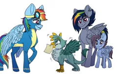 Size: 8400x5100 | Tagged: safe, artist:celestial-rainstorm, derpibooru import, rainbow dash, oc, oc:gavin, oc:jetstream, oc:proud skies, gryphon, pony, absurd resolution, clothes, colt, male, offspring, parent:gabby, parent:gallus, parent:rainbow dash, parent:rumble, parent:scootaloo, parent:soarin', parents:gabbus, parents:rumbloo, parents:soarindash, simple background, stallion, uniform, white background, wonderbolts uniform