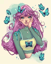 Size: 1080x1350 | Tagged: artist:resaa.art, bow, bust, butterfly, clothes, derpibooru import, ear piercing, earring, female, fluttershy, hooped earrings, human, humanized, insect, jewelry, long sleeves, nail polish, necklace, pendant, piercing, portrait, ring, safe, see-through, see-through shirt, shirt, short shirt, solo, sparkles, sports bra, sweater, tanktop, turtleneck