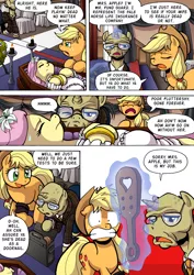 Size: 1204x1700 | Tagged: safe, artist:tarkron, derpibooru import, applejack, fluttershy, oc, oc:fund guard, earth pony, pegasus, pony, unicorn, comic:what happens in las pegasus, comic, female, imminent spanking, insurance fraud, levitation, liarjack, magic, mare, old, paddle, playing dead, scared, telekinesis, this will not end well