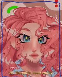 Size: 776x971 | Tagged: safe, alternate version, artist:imxxnn_, derpibooru import, pinkie pie, human, bust, clothes, female, freckles, human coloration, humanized, lipgloss, portrait, selfie, shirt, social media, solo, sparkly eyes, subtitles, wingding eyes