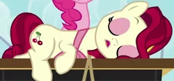 Size: 2000x939 | Tagged: safe, derpibooru import, screencap, cherry jubilee, pinkie pie, earth pony, pony, party pooped, cropped, eyes closed, female, mare, sleeping, solo, solo focus