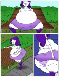 Size: 1024x1334 | Tagged: suggestive, artist:robot001, derpibooru import, rarity, comic:rounding rarity, equestria girls, ass, belly, big belly, breasts, butt, comic, commission comic, commissioner:bluepufflextreme, fat, female, raritubby, rearity, weight gain