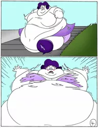 Size: 1024x1334 | Tagged: suggestive, artist:robot001, derpibooru import, rarity, comic:rounding rarity, equestria girls, breasts, comic, commission comic, commissioner:bluepufflextreme, fat, female, morbidly obese, obese, raritubby, wardrobe malfunction