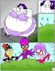 Size: 1024x1324 | Tagged: suggestive, artist:robot001, derpibooru import, apple bloom, rarity, scootaloo, sweetie belle, comic:rounding rarity, equestria girls, breasts, clothes, comic, commission comic, commissioner:bluepufflextreme, cutie mark crusaders, fat, female, morbidly obese, obese, raritubby, show stopper outfits